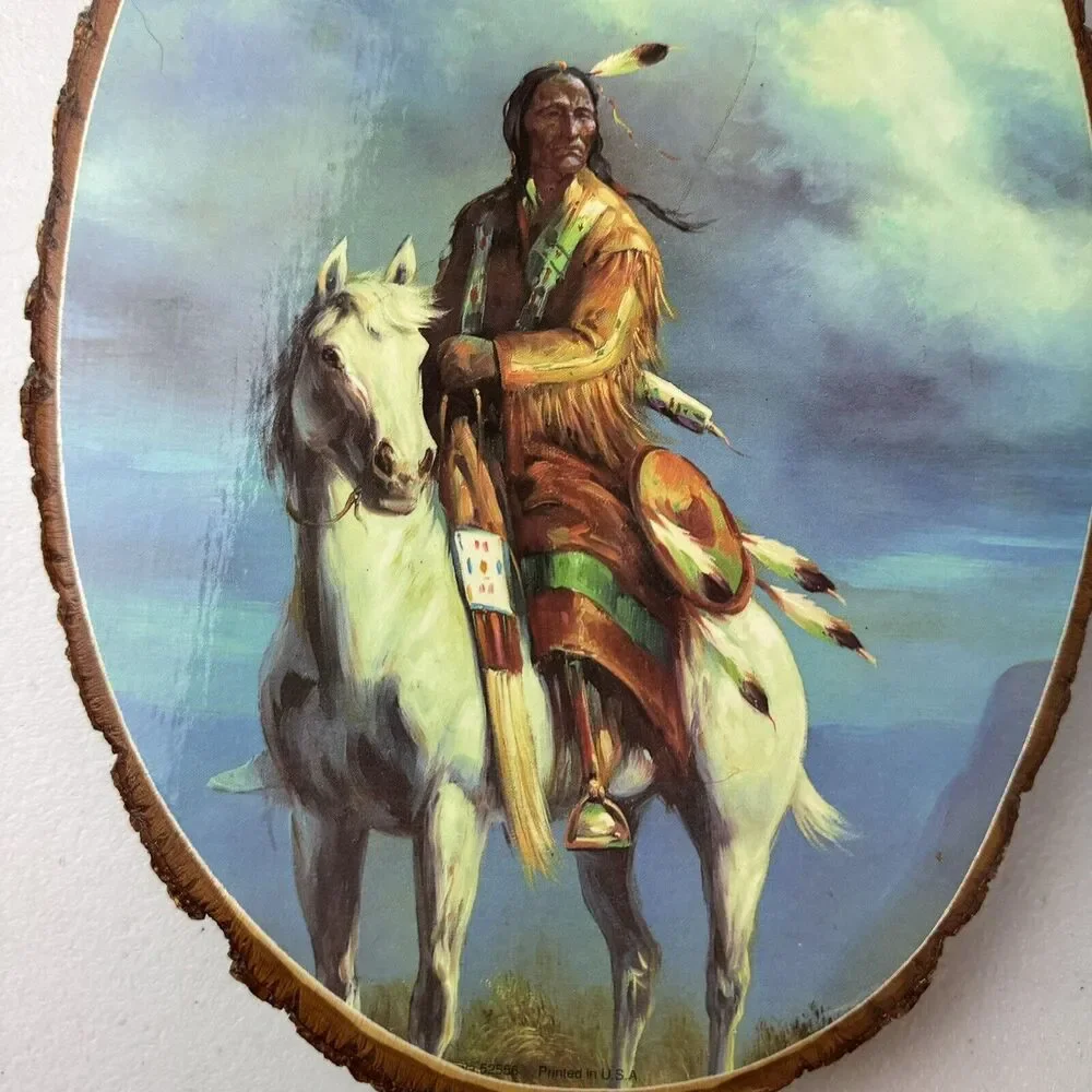 Vintage Native American Indian Wood Slice Plaque Wall‎ Hanging Portrait 7